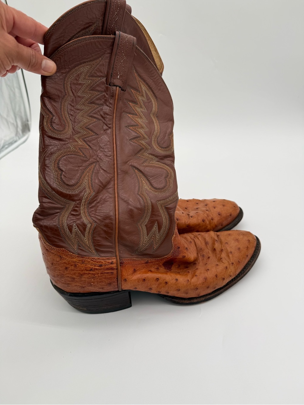Tony Lama Two-Tone Brown Ostrich & Leather Western Boots - Picture 5 of 7